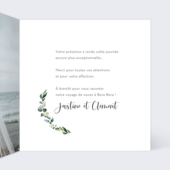 Carte remerciement mariage Couronne Eucalyptus  Intérieur Droit