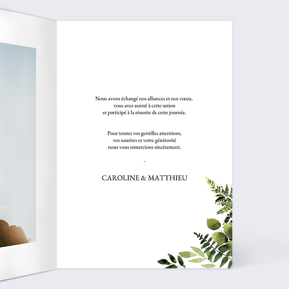 Carte remerciement mariage Aquarelle Botanique Intérieur Droit