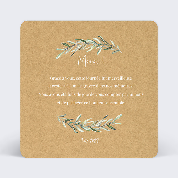 Carte remerciement mariage Lauriers Verso