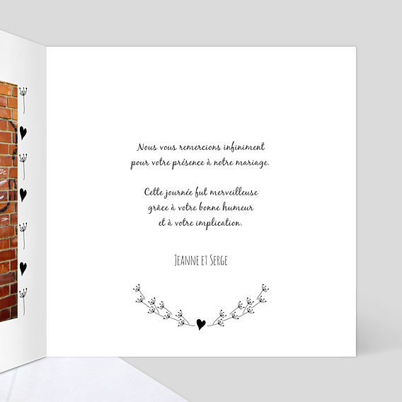 Carte remerciement mariage Coeur Bucolique Intérieur Droit