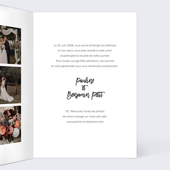 Carte remerciement mariage Timeline Calligraphie Intérieur Droit