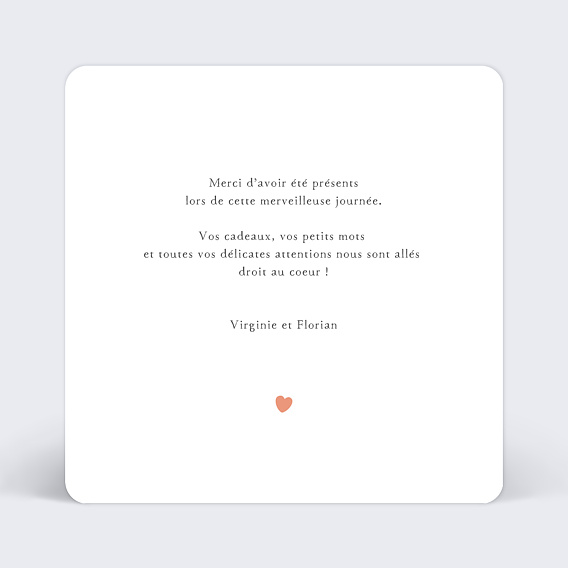 Carte remerciement mariage De Tout Coeur Verso