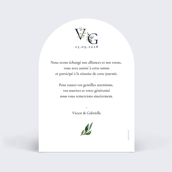 Carte remerciement mariage Lettrines Botaniques Verso
