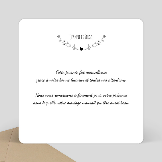 Carte remerciement mariage Coeur Bucolique Simple Verso