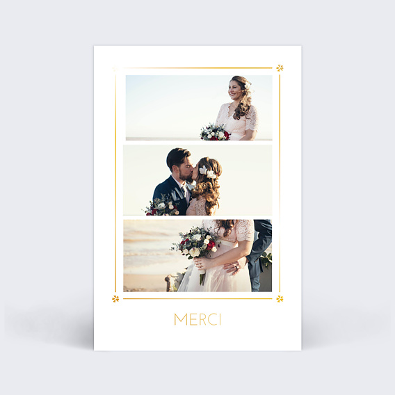 Carte remerciement mariage Cadre Chic 3 Photos Recto