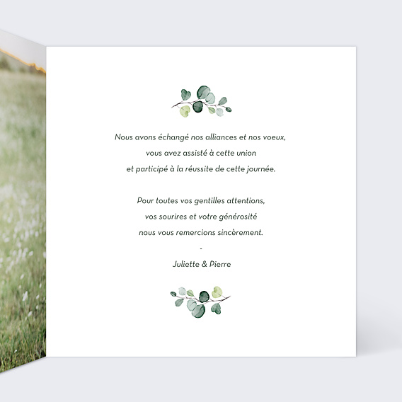 Carte remerciement mariage Eucalyptus  Intérieur Droit