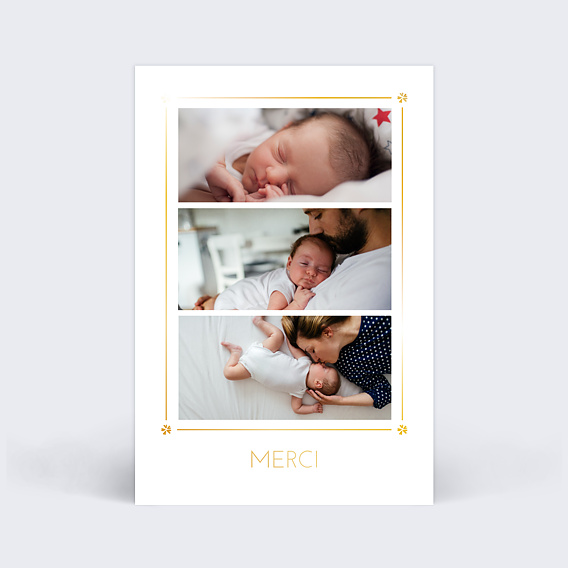 Carte remerciement naissance Dorure Cadre Chic Multiphotos