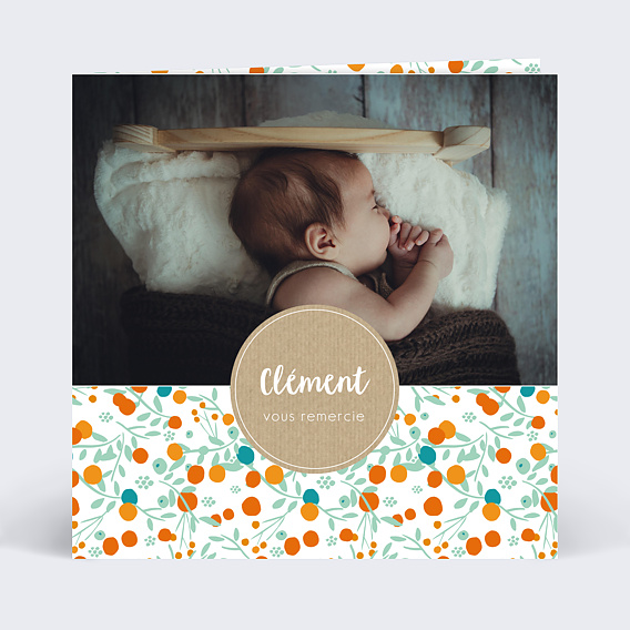 Carte remerciement naissance Liberty Orange