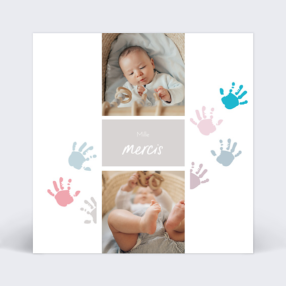 Carte de remerciement de naissance mains colorées