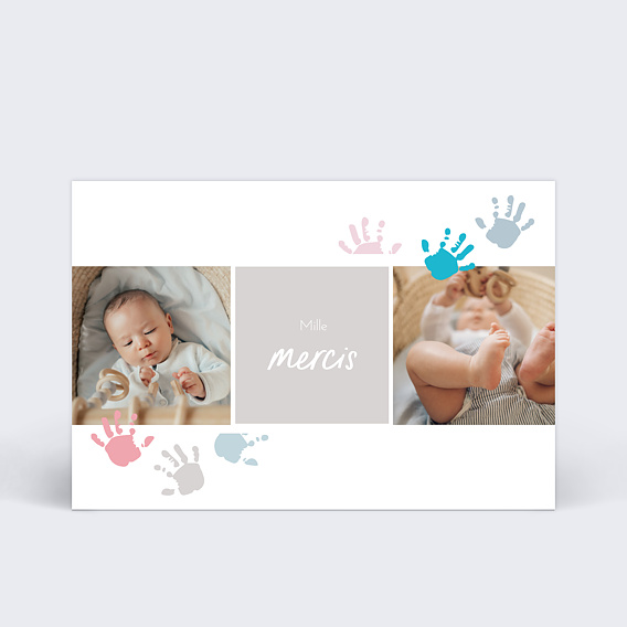 Carte remerciement naissance Mains Colorées