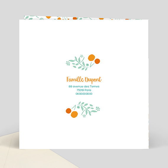 Carte remerciement naissance Liberty Orange Verso