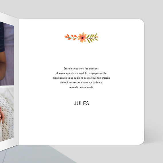 Carte remerciement naissance Bouquet Printanier Intérieur Droit