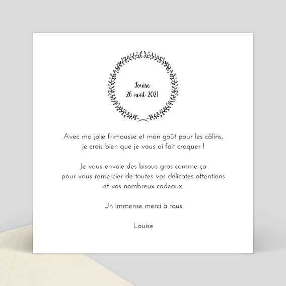 Carte remerciement naissance Couronne Fleurie Verso