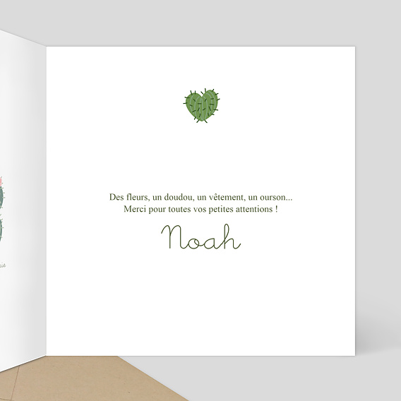 Carte remerciement naissance Cactus Intérieur Droit