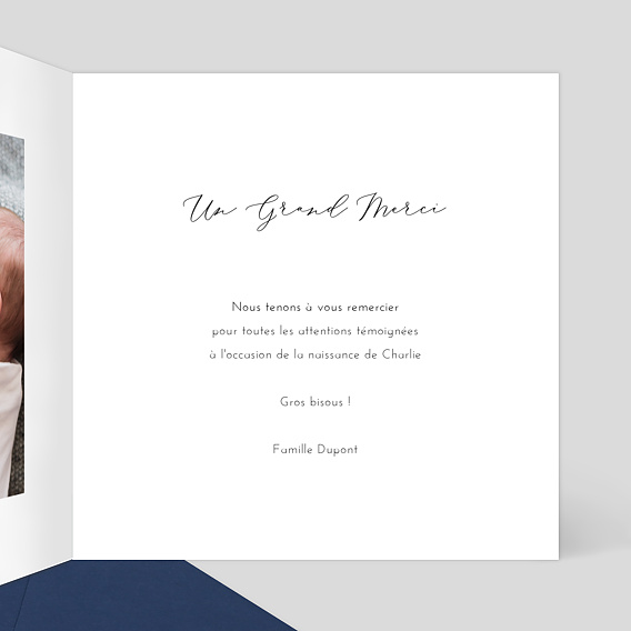 Carte remerciement naissance Dorure Cadre 4 Photos Intérieur Droit
