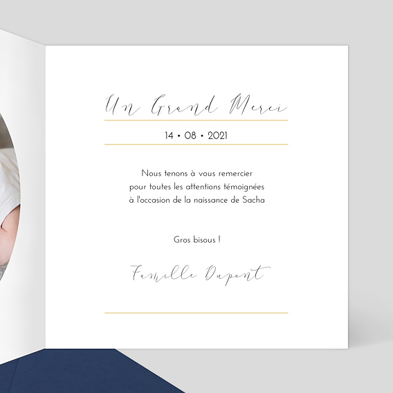Carte remerciement naissance Dorure Couronne Photo Intérieur Droit