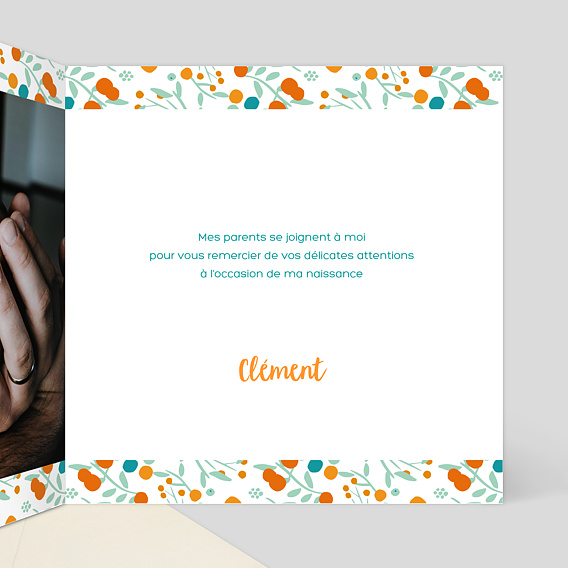 Carte remerciement naissance Liberty Orange Intérieur Droit
