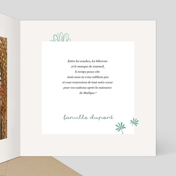 Carte remerciement naissance Tropical Intérieur Droit