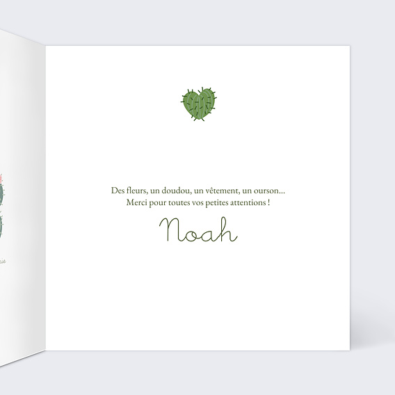 Carte remerciement naissance Cactus Intérieur Droit