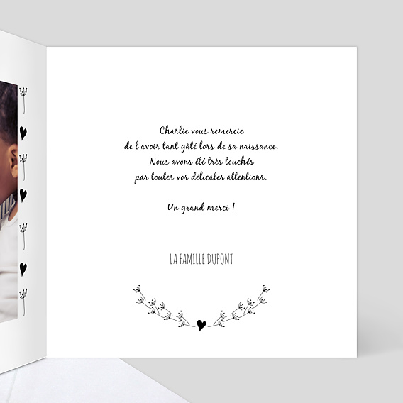 Carte remerciement naissance Coeur bucolique 1 Photo Intérieur Droit