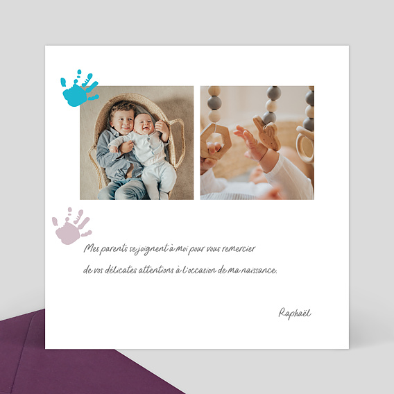 Carte remerciement naissance Mains Colorées Verso