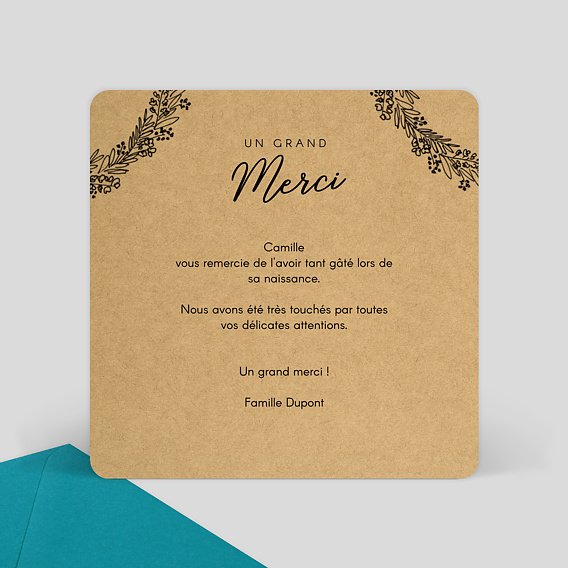 Carte remerciement naissance Couronne de Graminées Verso