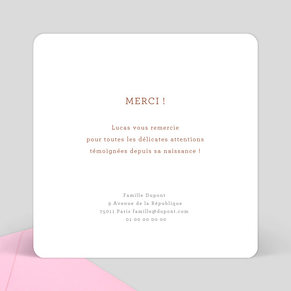 Carte remerciement naissance Petit Écolier Verso