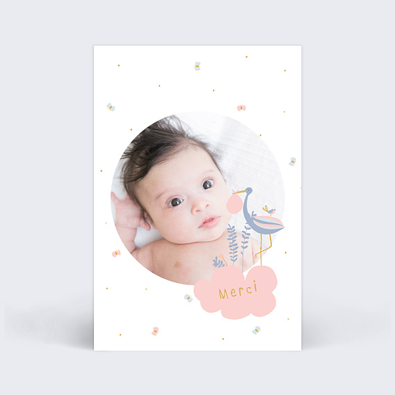Carte remerciement naissance Douce Cigogne