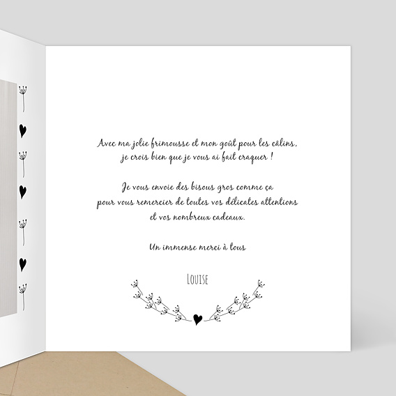 Carte remerciement naissance Coeur Bucolique Intérieur Droit