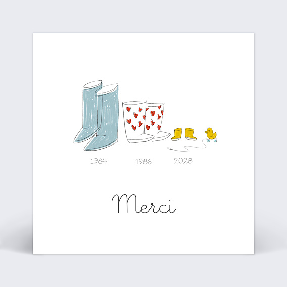 Carte remerciement naissance Bottes de Pluie Recto