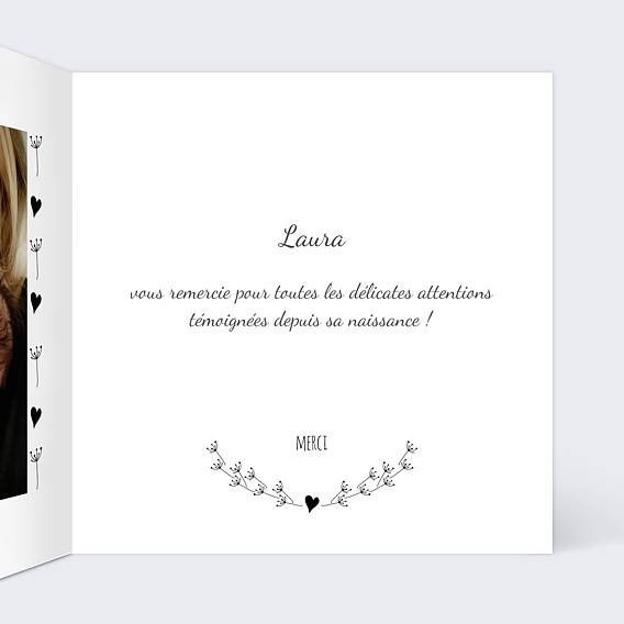 Carte remerciement naissance Petit Coeur Intérieur Droit