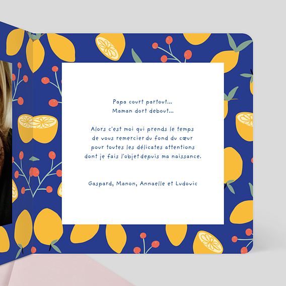 Carte remerciement naissance Fruits Mignons Intérieur Droit