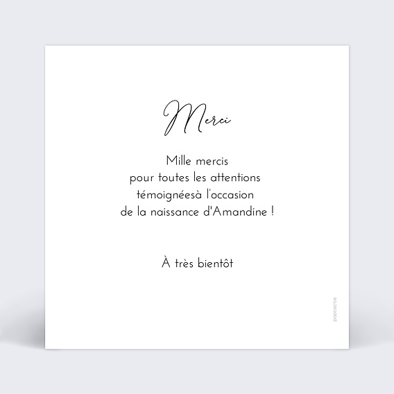 Carte remerciement naissance Ecriture Verso