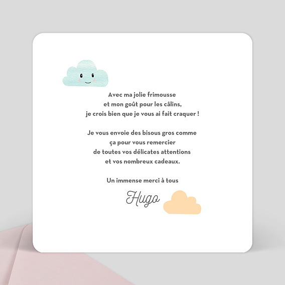 Carte remerciement naissance Nuages Doux Verso
