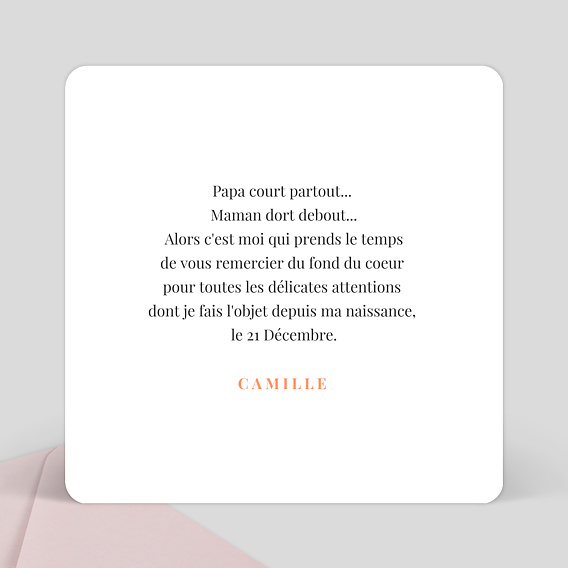 Carte remerciement naissance Simplicité Verso