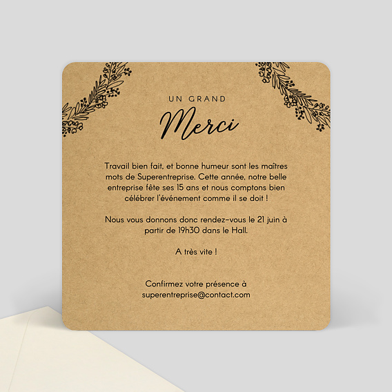 Carte remerciement professionnel Couronne de Graminées Verso