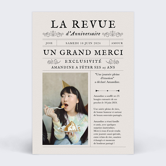 Carte remerciement anniversaire Journal