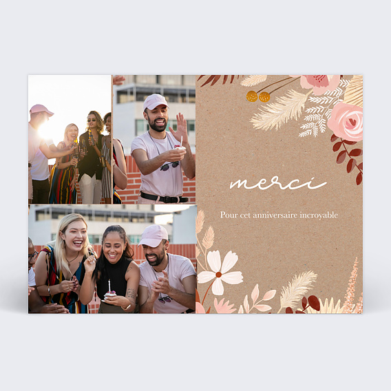 Carte remerciement anniversaire Kraft Fleuri