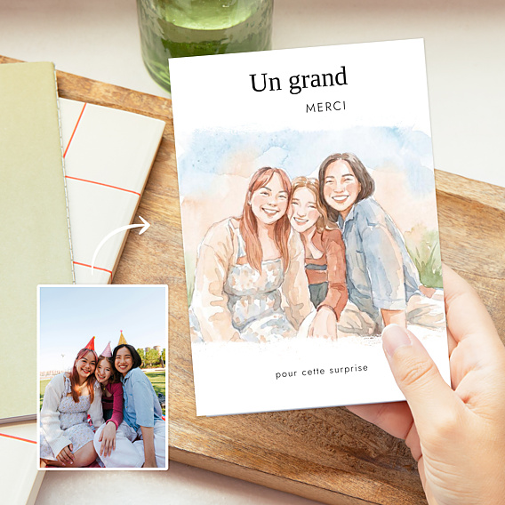 Carte remerciement anniversaire Portrait en aquarelle