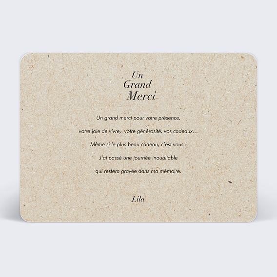 Carte remerciement anniversaire Champêtre Kraft Verso