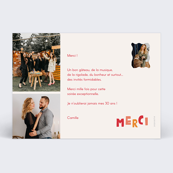 Carte remerciement anniversaire Texte coloré Verso