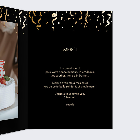 Carte remerciement anniversaire Motif noir & or photo Intérieur Droit