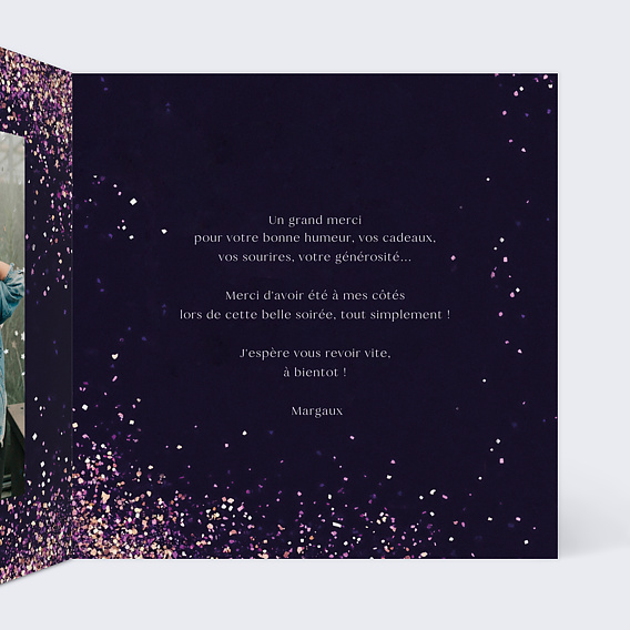 Carte remerciement anniversaire Paillettes roses Intérieur Droit