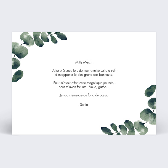 Carte remerciement anniversaire Branche d'Eucalyptus Verso