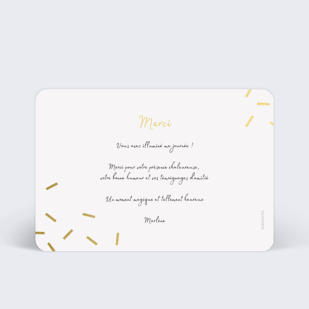 Carte de Remerciement Anniversaire Âge Paillettes Verso