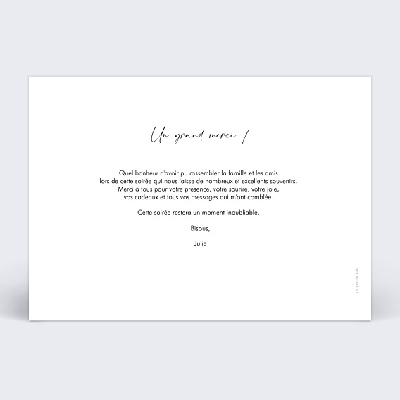 Carte remerciement anniversaire Folle Soirée Verso