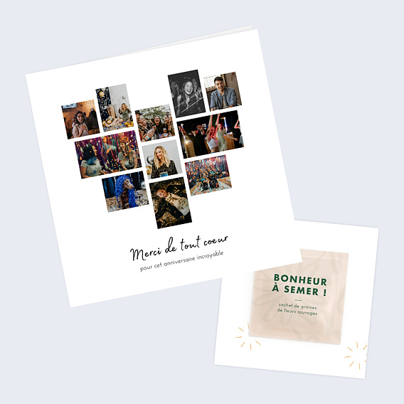 Carte remerciement anniversaire Pêle Mêle Coeur avec graines Après 1