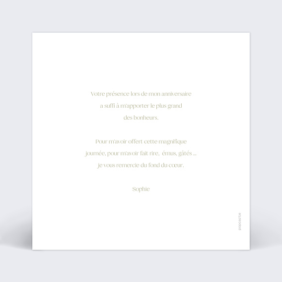 Carte remerciement anniversaire Etiquette carré Verso