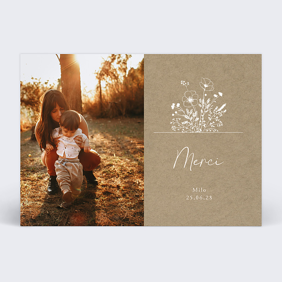 Carte remerciement baptême Bouquet Champêtre