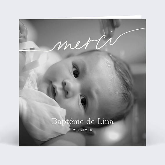 Carte remerciement baptême Merci blanc
